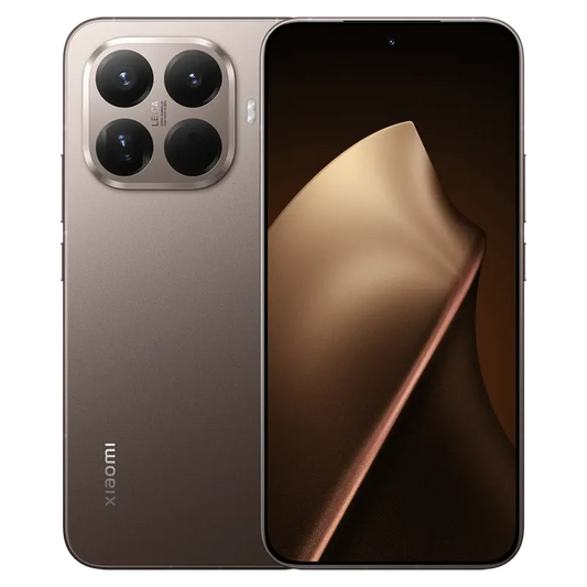 A Xiaomi smartphone shown from the back and front, featuring a metallic bronze finish with a large rectangular camera array and a dark display showing a gold abstract wallpaper.
