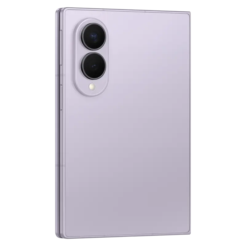 Samsung Galaxy Z Fold8 Lavender angled rear view highlighting slim foldable design