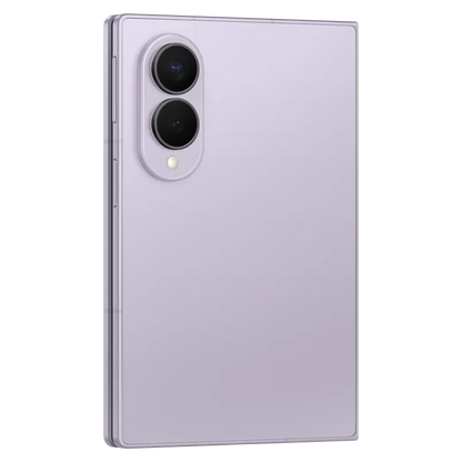 Samsung Galaxy Z Fold8 Lavender angled rear view highlighting slim foldable design