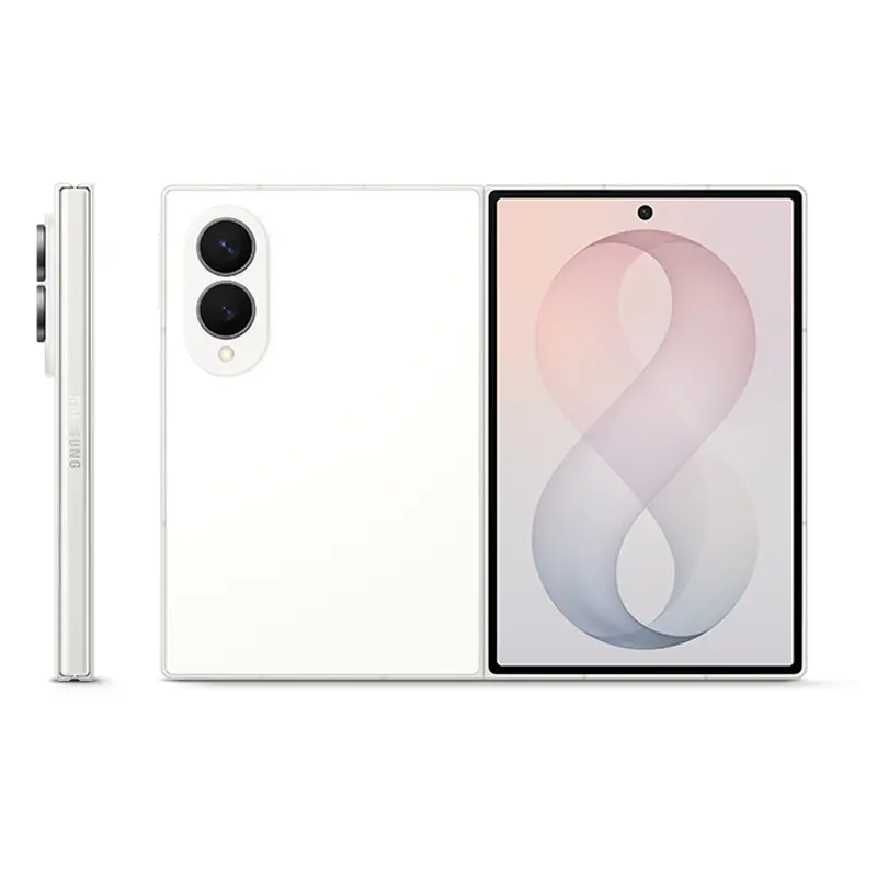 Samsung Galaxy Z Fold8 Cream showing front display, rear dual cameras and slim side profile.