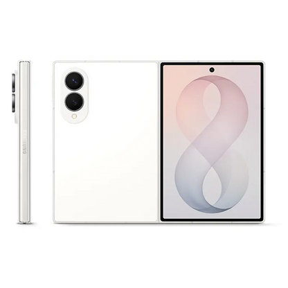 Samsung Galaxy Z Fold8 Cream showing front display, rear dual cameras and slim side profile.