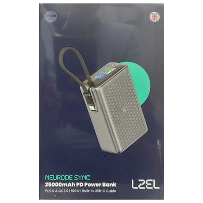 LZEL Neurode Sync 25000mAh PD Power Bank | PD3.0 & QC3.0 | 100W | Built-in USB-C Cable