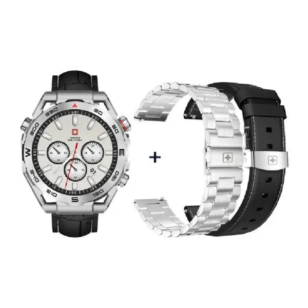 SWISS MILITARY DOM 3 Smart Watch + 2Premium Straps (Premium Black Leather and Stainless Steel)