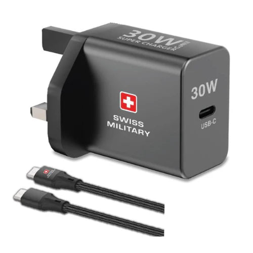 Swiss Military 30w Super Fast Charger GaN II Adapter USB - C PD Port  with Cable 1.5 meters