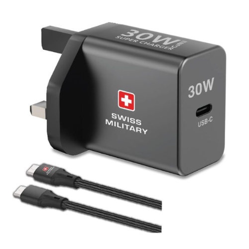 Swiss Military 30w Super Fast Charger GaN II Adapter USB - C PD Port with Cable 1.5 meters - Grey