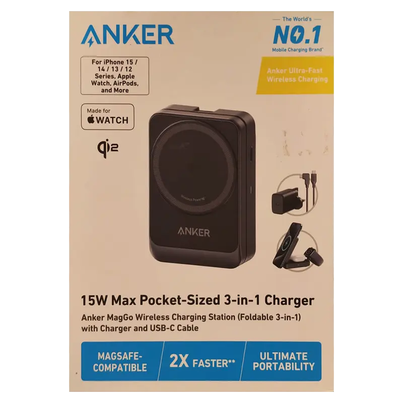 Anker 15W Pocket-Sized 3-in-1 Charger, MagGo Wireless Charging Station (Foldable 3-in-1)