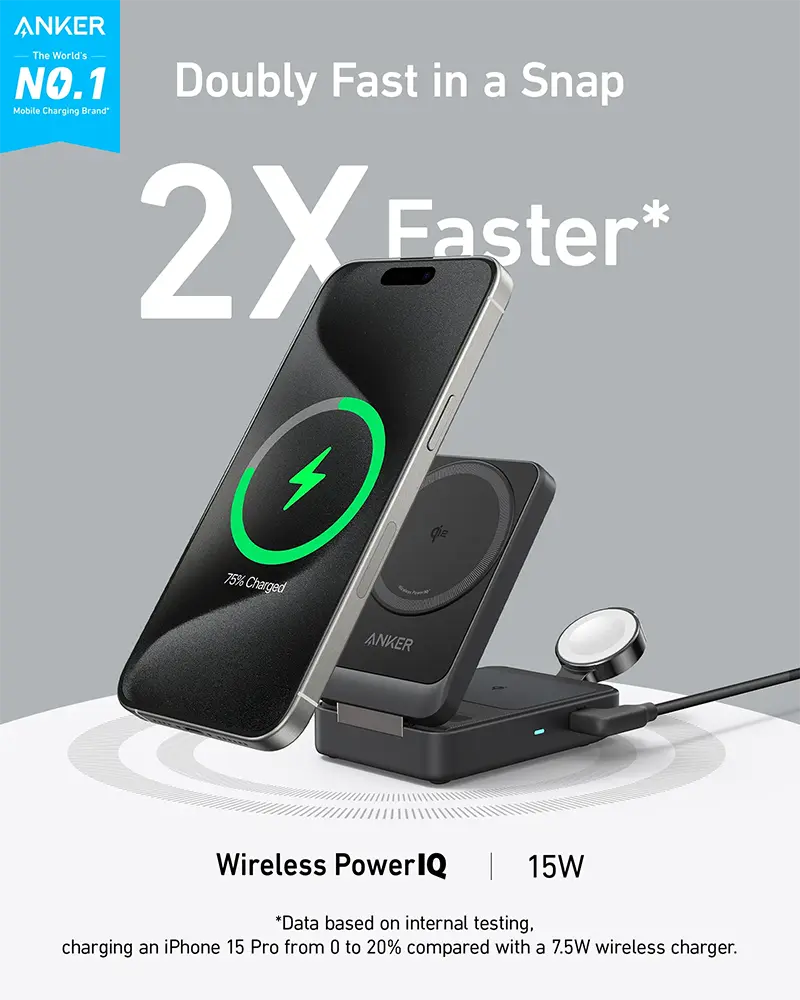 Anker 15W Pocket-Sized 3-in-1 Charger, MagGo Wireless Charging Station (Foldable 3-in-1)