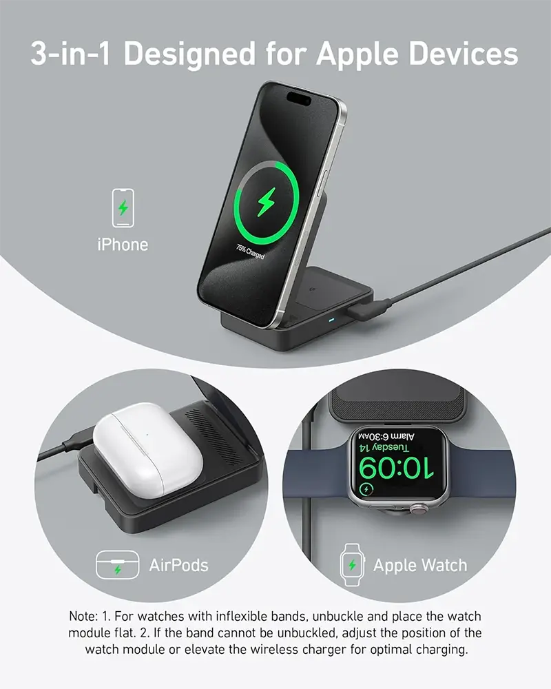 Anker 15W Pocket-Sized 3-in-1 Charger, MagGo Wireless Charging Station (Foldable 3-in-1)