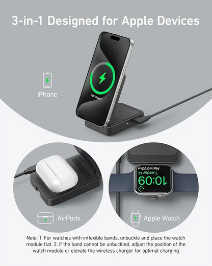 Anker 15W Pocket-Sized 3-in-1 Charger, MagGo Wireless Charging Station (Foldable 3-in-1)