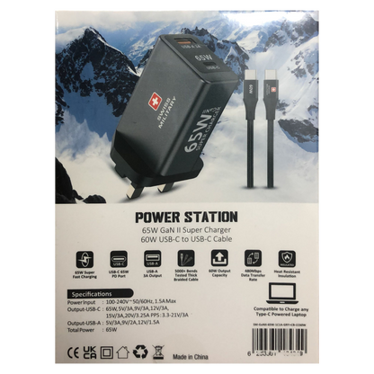 Swiss Military 65W GaN II SUPER CHARGER | USB-C 65W PD Port & USB-A Port | 60W USB-C to USB-C 1.2 Meters Cable