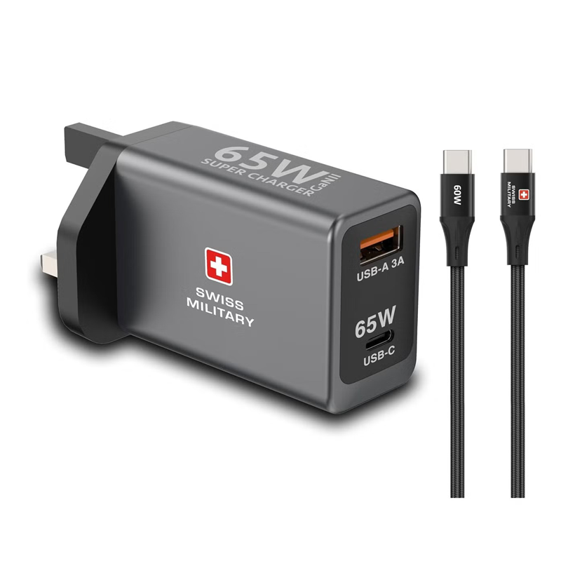 Swiss Military 65W GaN II SUPER CHARGER | USB-C 65W PD Port & USB-A Port | 60W USB-C to USB-C 1.2 Meters Cable