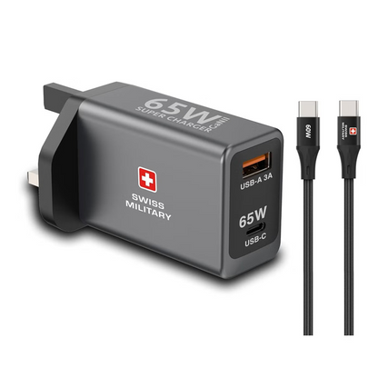 Swiss Military 65W GaN II SUPER CHARGER | USB-C 65W PD Port & USB-A Port | 60W USB-C to USB-C 1.2 Meters Cable