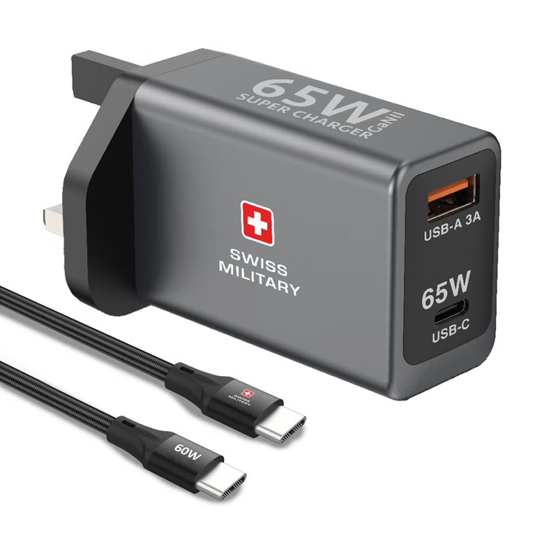 Swiss Military 65W GaN II SUPER CHARGER | USB-C 65W PD Port & USB-A Port | 60W USB-C to USB-C 1.2 Meters Cable