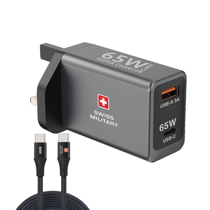 Swiss Military 65W GaN II SUPER CHARGER | USB-C 65W PD Port & USB-A Port | 60W USB-C to USB-C 1.2 Meters Cable