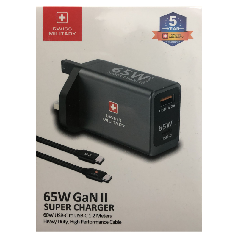 Swiss Military 65W GaN II SUPER CHARGER | USB-C 65W PD Port & USB-A Port | 60W USB-C to USB-C 1.2 Meters Cable