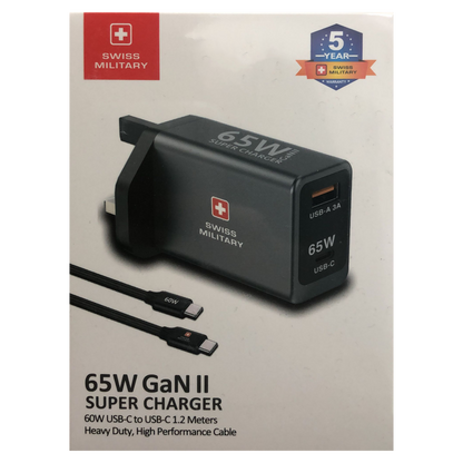 Swiss Military 65W GaN II SUPER CHARGER | USB-C 65W PD Port & USB-A Port | 60W USB-C to USB-C 1.2 Meters Cable