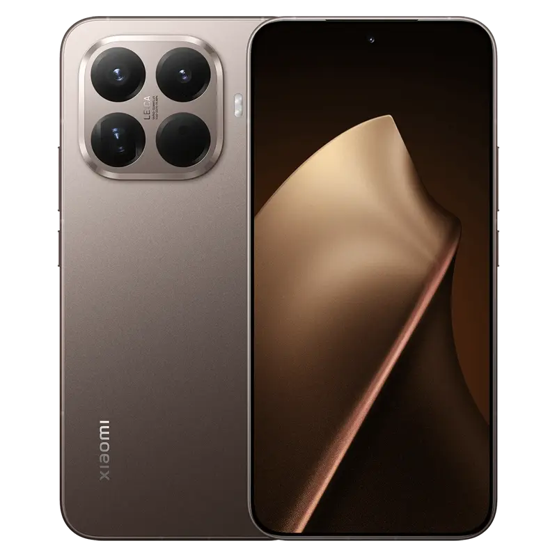 A Xiaomi smartphone shown from the back and front, featuring a metallic bronze finish with a large rectangular camera array and a dark display showing a gold abstract wallpaper.