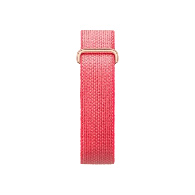 Close-up of Google Fitbit Air Berry Performance Loop Band showing premium woven nylon strap and adjustable metal loop.