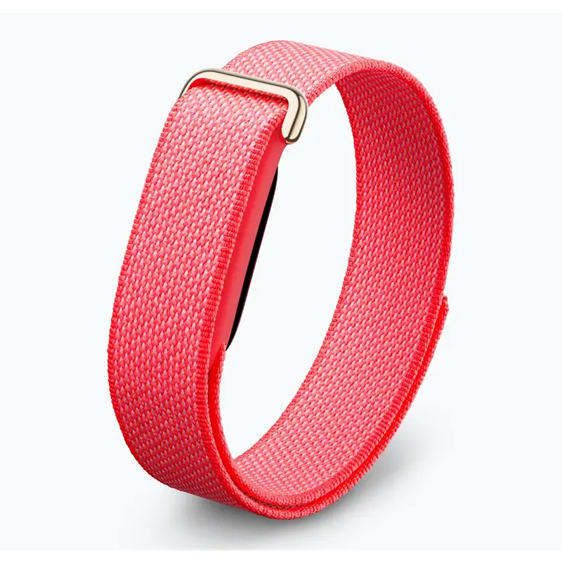 Angled view of Google Fitbit Air Berry Performance Loop Band highlighting slim design and breathable fabric wristband.
