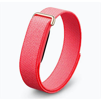 Angled view of Google Fitbit Air Berry Performance Loop Band highlighting slim design and breathable fabric wristband.