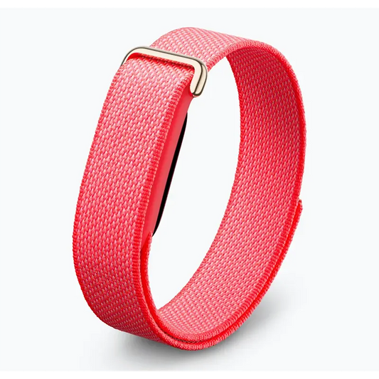 Angled view of Google Fitbit Air Berry Performance Loop Band highlighting slim design and breathable fabric wristband.