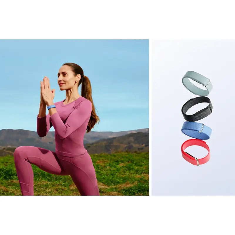 Google Fitbit Air Berry Performance Loop Band worn during outdoor fitness and yoga, designed for all-day comfort.