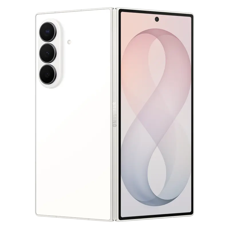 Samsung Galaxy Z Fold8 Ultra Cream folded perspective with front display and rear camera module