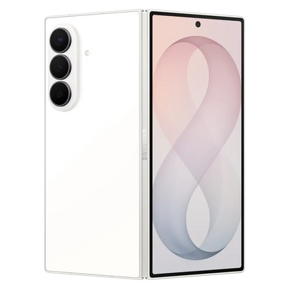 Samsung Galaxy Z Fold8 Ultra Cream folded perspective with front display and rear camera module
