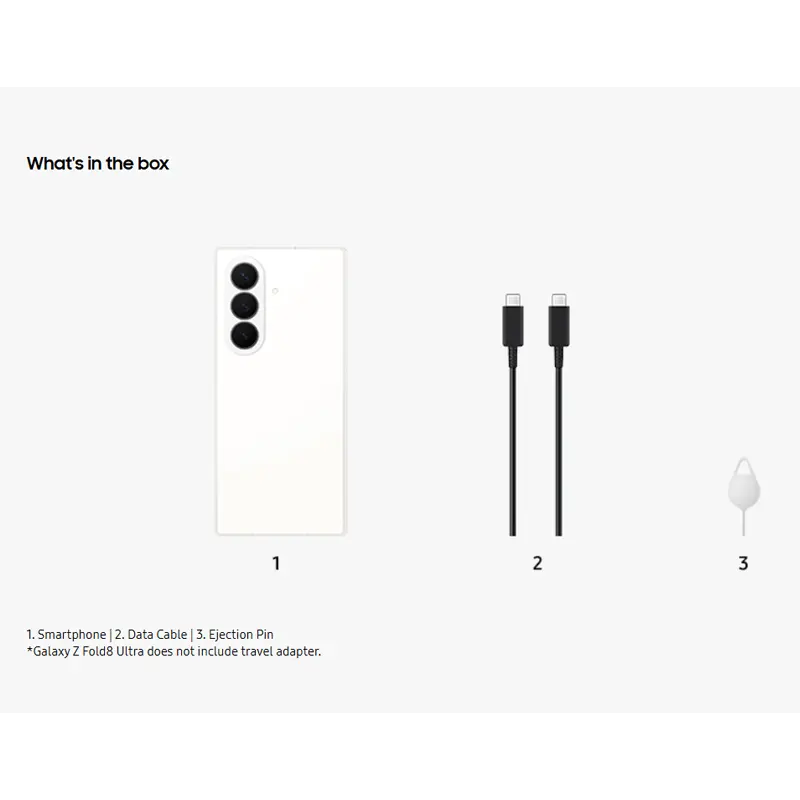 Samsung Galaxy Z Fold8 Ultra Cream Middle East Version box contents including smartphone, USB Type-C cable and SIM ejector pin