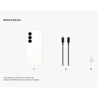 Samsung Galaxy Z Fold8 Ultra Cream Middle East Version box contents including smartphone, USB Type-C cable and SIM ejector pin