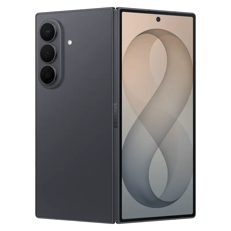 Samsung Galaxy Z Fold8 Ultra Graphite partially open perspective showing premium foldable design