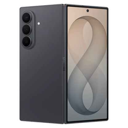 Samsung Galaxy Z Fold8 Ultra Graphite partially open perspective showing premium foldable design
