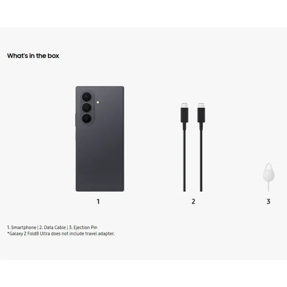 Samsung Galaxy Z Fold8 Ultra Graphite box contents including smartphone, USB Type-C cable and SIM ejector pin