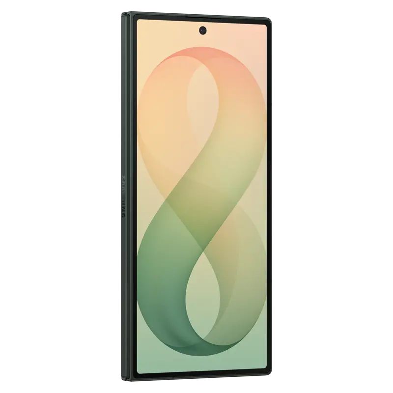 Samsung Galaxy Z Fold8 Ultra Green Shadow angled front view with bright cover display
