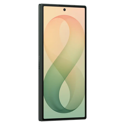 Samsung Galaxy Z Fold8 Ultra Green Shadow angled front view with bright cover display
