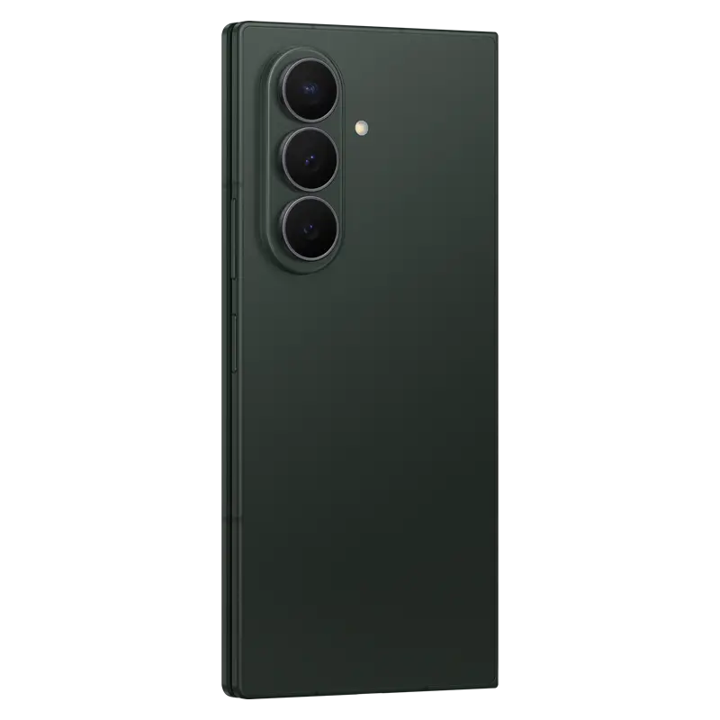 Samsung Galaxy Z Fold8 Ultra Green Shadow angled rear view highlighting triple camera system and slim foldable design
