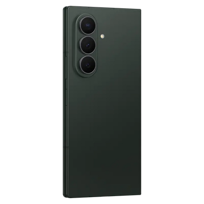 Samsung Galaxy Z Fold8 Ultra Green Shadow angled rear view highlighting triple camera system and slim foldable design
