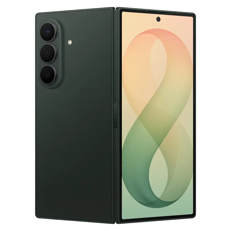 Samsung Galaxy Z Fold8 Ultra Green Shadow partially folded showing premium hinge and cover display

