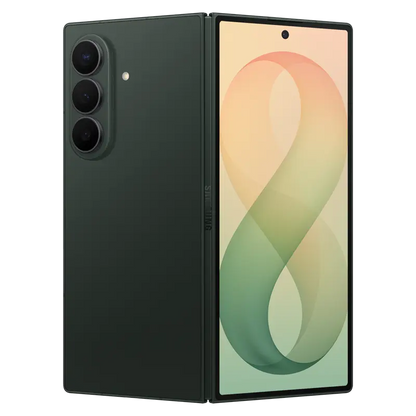 Samsung Galaxy Z Fold8 Ultra Green Shadow partially folded showing premium hinge and cover display

