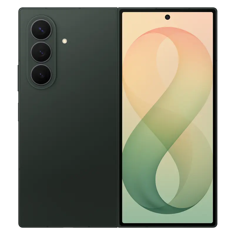 Samsung Galaxy Z Fold8 Ultra Green Shadow showing front cover display and rear triple camera design
