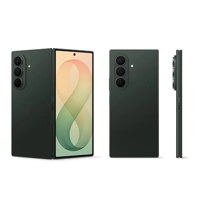 Samsung Galaxy Z Fold8 Ultra Green Shadow showing front, back and side profile views of the foldable smartphone
