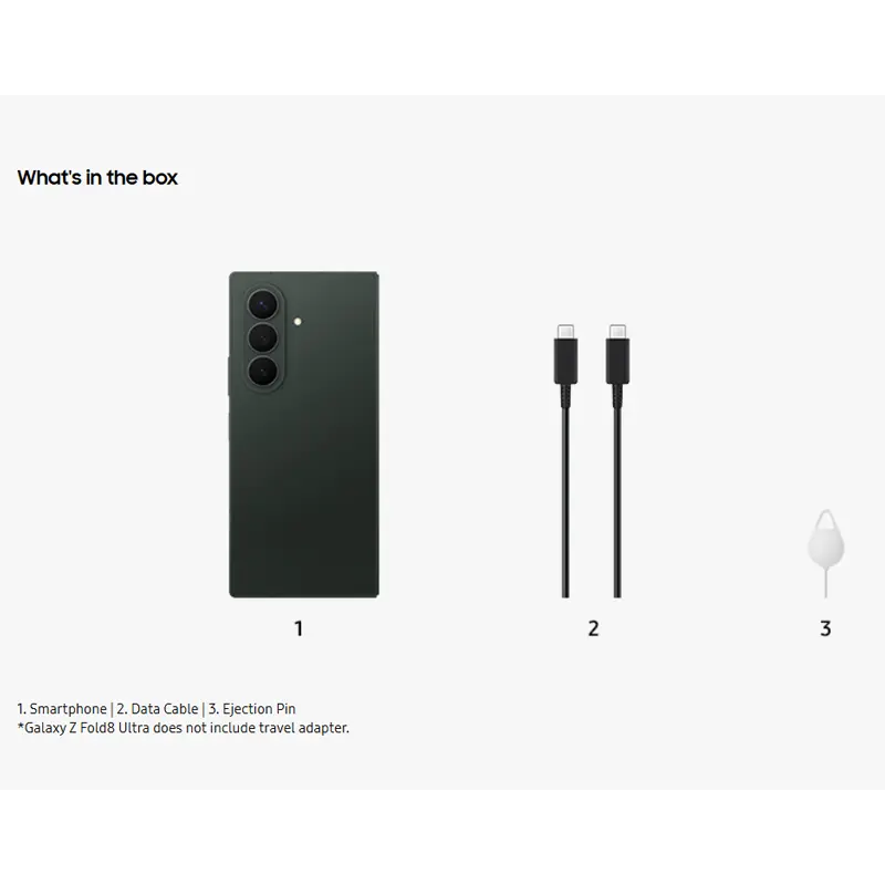 Samsung Galaxy Z Fold8 Ultra Green Shadow box contents including smartphone, USB Type-C cable and SIM ejector pin
