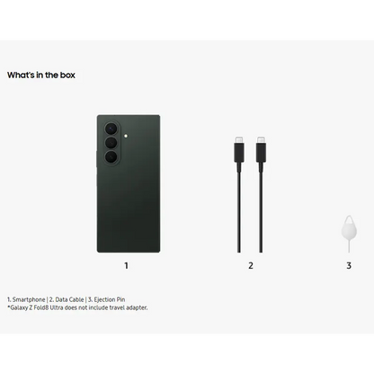 Samsung Galaxy Z Fold8 Ultra Green Shadow box contents including smartphone, USB Type-C cable and SIM ejector pin
