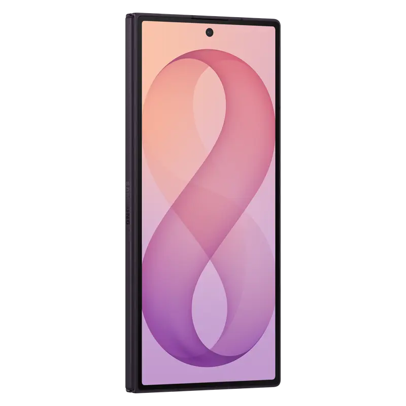 Samsung Galaxy Z Fold8 Ultra folded in Violet Shadow showing the cover display and slim foldable profile.
