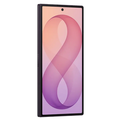 Samsung Galaxy Z Fold8 Ultra folded in Violet Shadow showing the cover display and slim foldable profile.