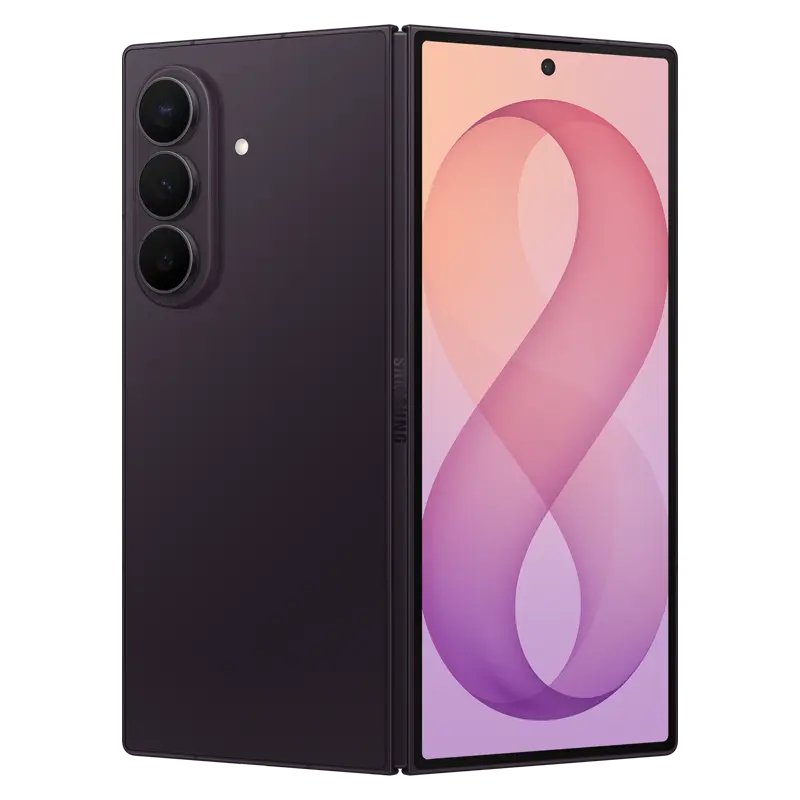 Samsung Galaxy Z Fold8 Ultra Violet Shadow partially opened displaying the premium hinge and immersive foldable screen.