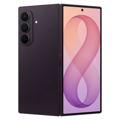 Samsung Galaxy Z Fold8 Ultra Violet Shadow partially opened displaying the premium hinge and immersive foldable screen.