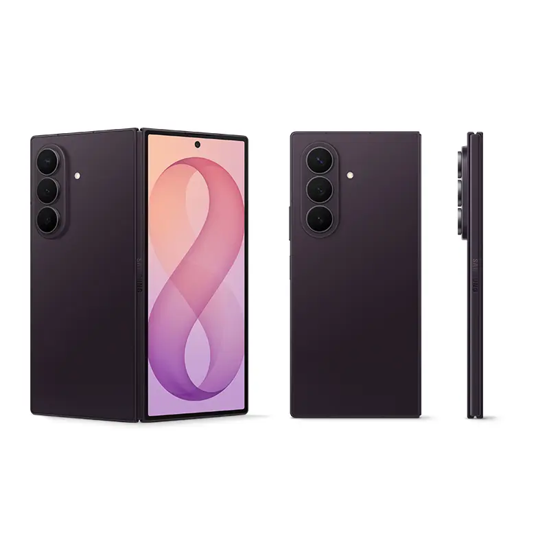 Samsung Galaxy Z Fold8 Ultra Violet Shadow showing front, rear and side profile views with premium foldable design.