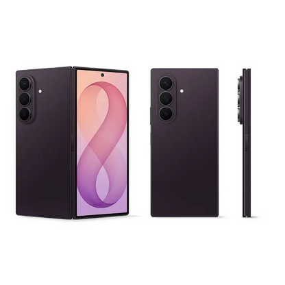 Samsung Galaxy Z Fold8 Ultra Violet Shadow showing front, rear and side profile views with premium foldable design.
