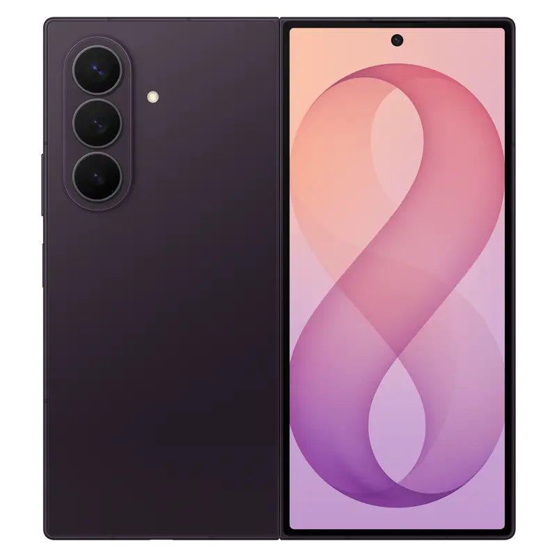 Samsung Galaxy Z Fold8 Ultra in Violet Shadow showing the unfolded display and rear triple camera design.